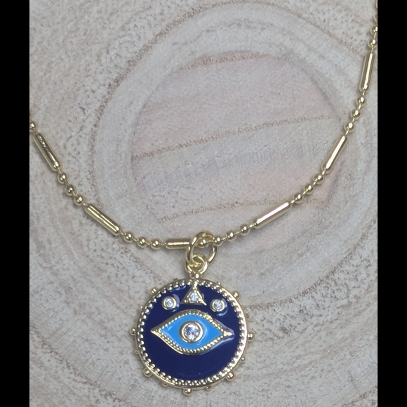 Evil Eye Necklace | Pave CZ Pendant | Ball & Column Link Chain | 18k Gold Plated - Picture 3 of 3
